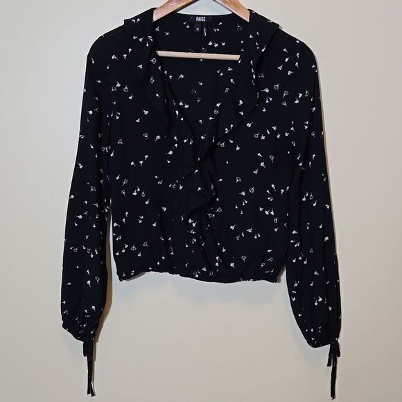 PAIGE Abelie Surplice Wrap Top XS Long Sleeve Black White Floral Rayon Ruffled - Picture 4 of 16